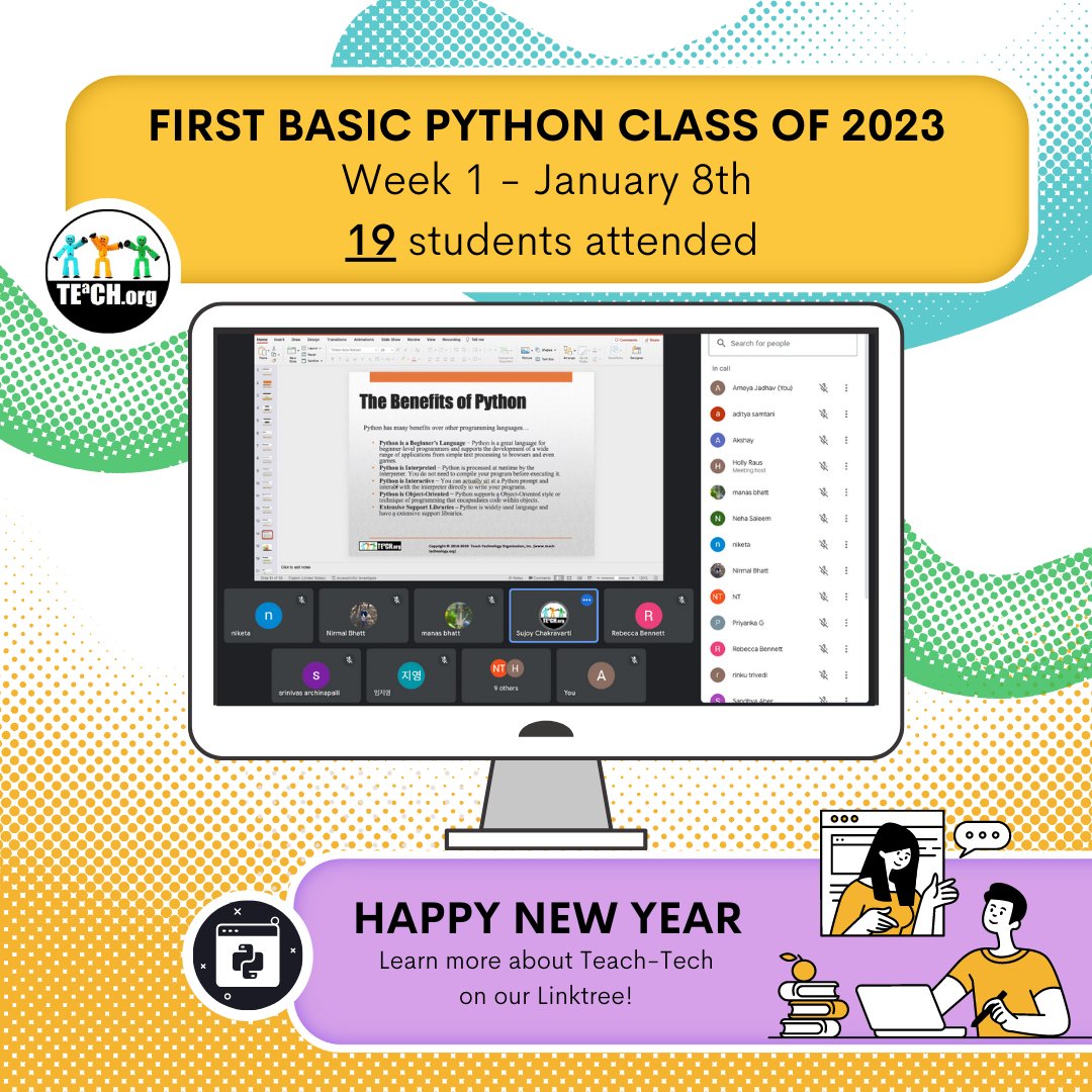 teachtechorg's tweet photo. Happy New Year! 🎉 We started this year off with 19 students in attendance for week 1 Basic Python class. We're here for it! 🙌🏽 Learn more about Teach-Tech check out our Linktree in our bio!

#teachtechnology #fyp #coding #students #computerscience  #programming #pythonbasics https://t.co/31zEegKRzg