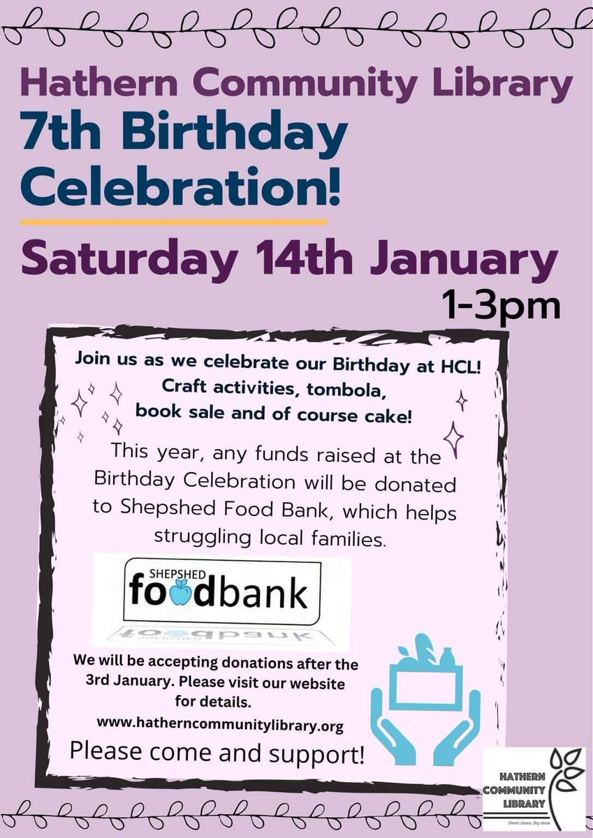 HathernLibrary's tweet photo. 1/2 Too much of the sweet stuff over Christmas? 🍬
We are appealing for boxes of chocolates and biscuits to hold a tombola for our 7th Birthday bash on the 14th January.  
Unwanted Christmas gifts also gratefully received. https://t.co/rhbtYF4krk