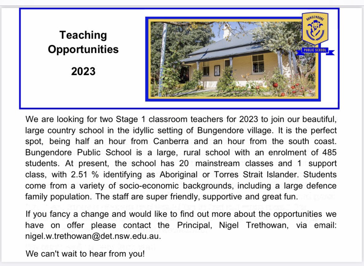 Great teaching opportunity just outside of Canberra at a lovely rural school!