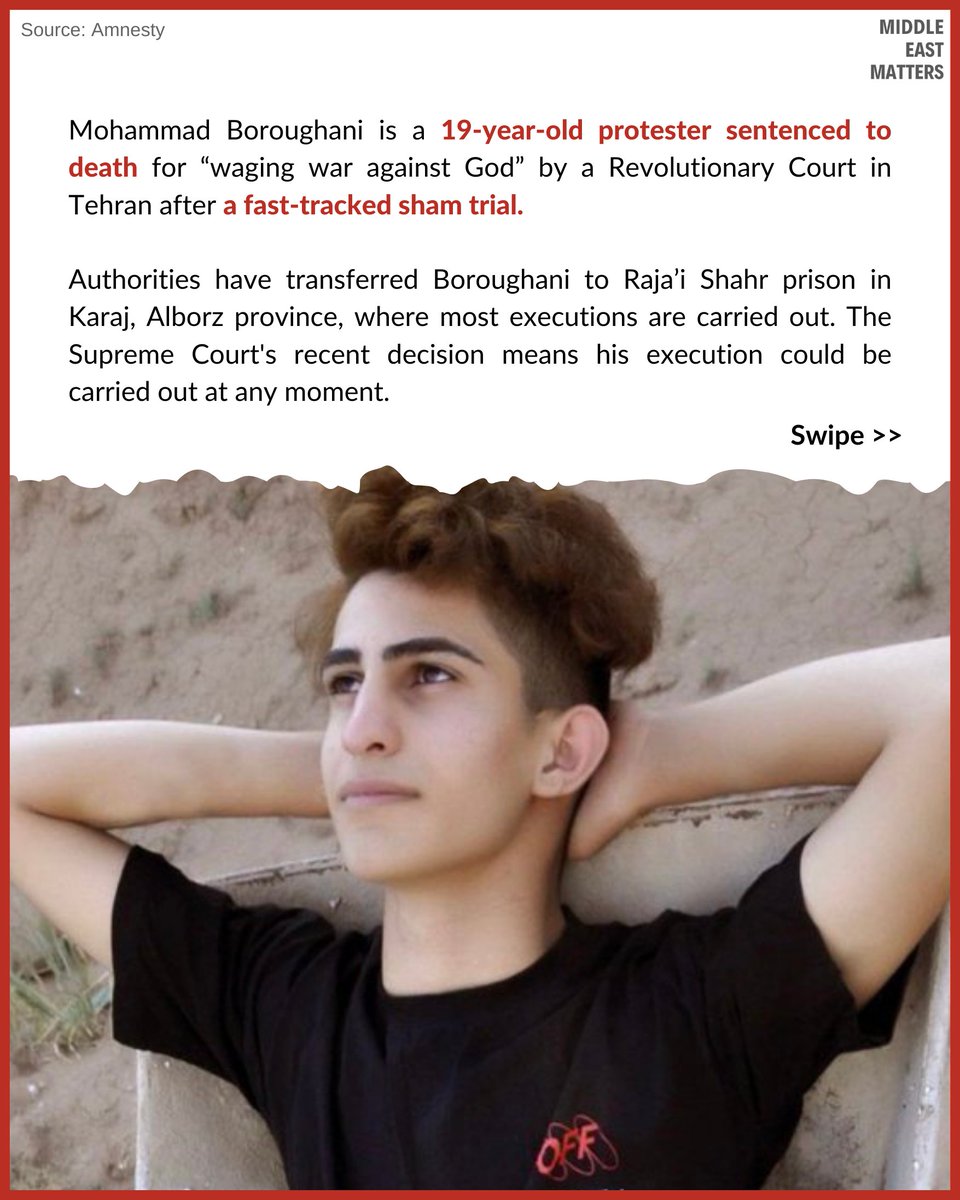 MEMOrganization's tweet photo. Mohammad Boroughani is a 19-year-old protester sentenced to death for “waging war against God” by a Revolutionary Court in Tehran after a fast-tracked sham trial.
#محمد_قبادلو #محمد_بروغنی https://t.co/yA6ZoWCEet