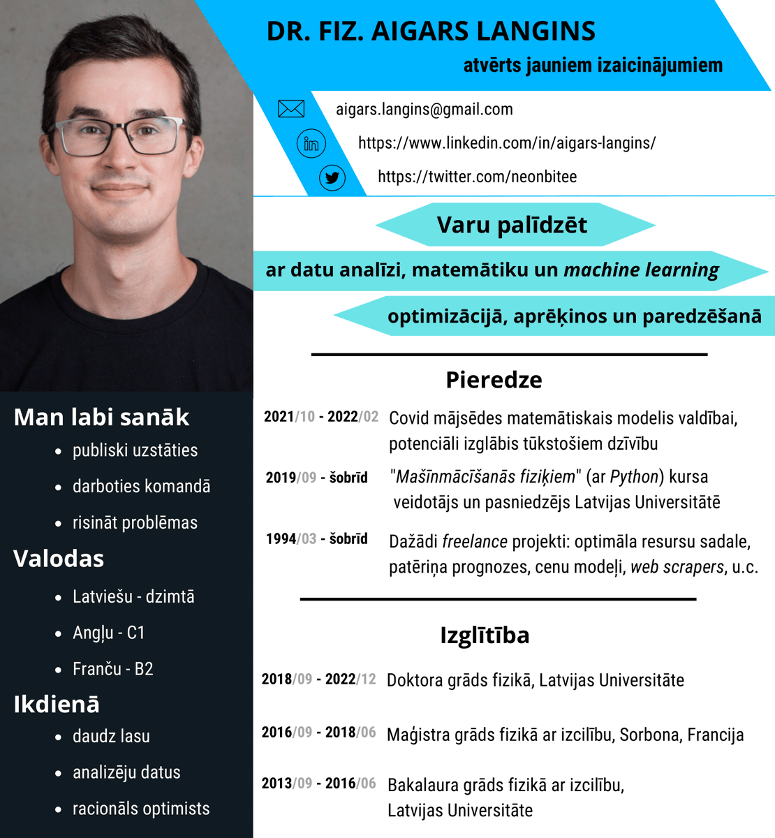 Heijā, pirms mēneša ieguvu doktora grādu fizikā un šobrīd esmu jaunu izaicinājumu meklējumos.

Izskatīšu gan mazākas, gan valsts glābšanas mēroga iespējas.

Priecāšos, ja retvītosi manu vēsti :)

#teirdarbinieks