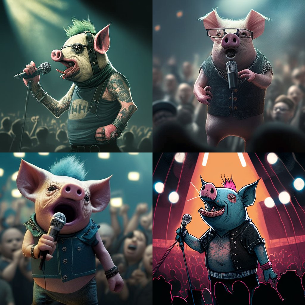 strantheman's tweet photo. "Punk pig humanoid singing at a concert" - @Fytrem

#midjourney #artificialintelligence #graphicdesign https://t.co/lrKZJgnlEH