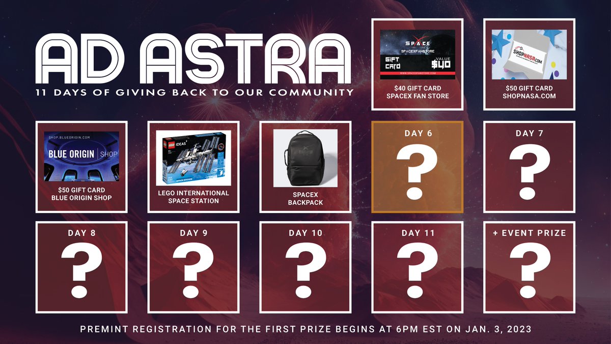 Back to a holders only giveaway for Day 6 of the Ad Astra Festival!

Register NOW on Premint for a chance to win an awesome space-themed prize of the day:
premint.xyz/AdAstraFestiva…