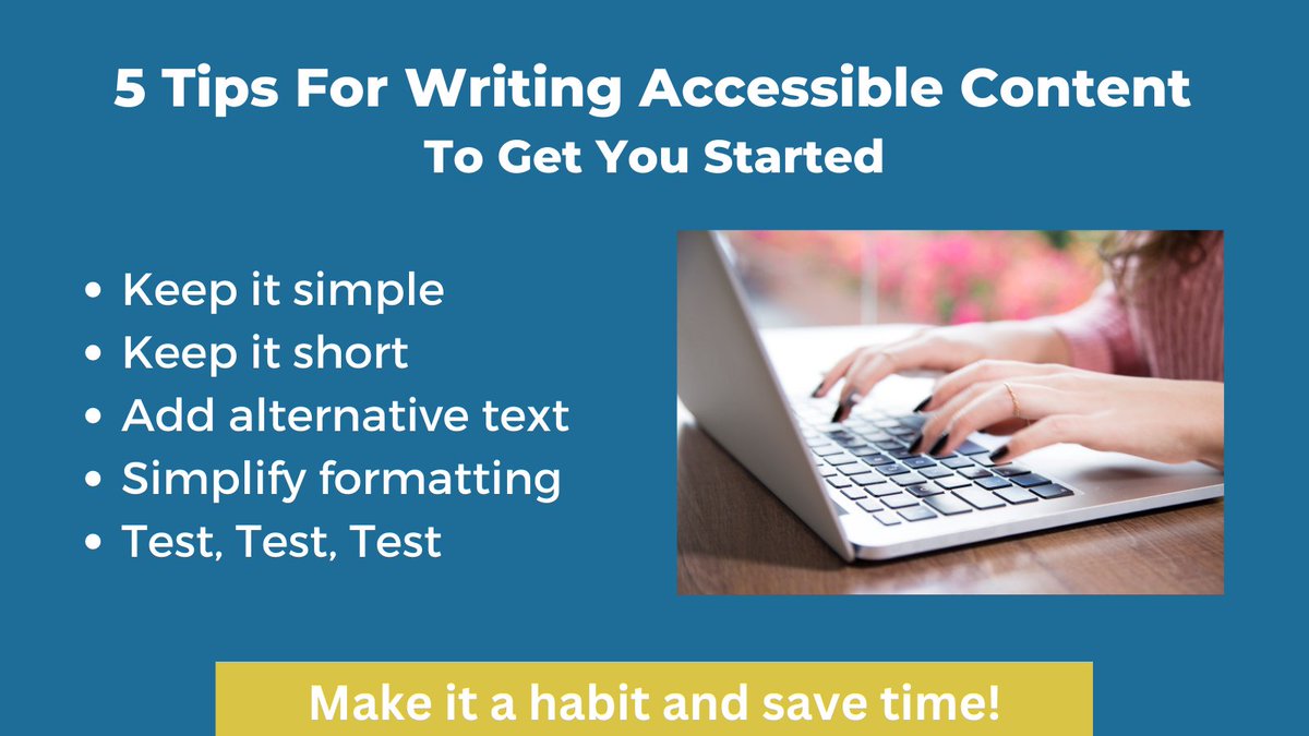 ClicksandTips's tweet image. Thread 1/5:
Writing accessible content is easier than you think. In fact, making your content accessible is something that can be really enjoyable and rewarding. Here are 5 easy tips to get you started:
#AccessibleContent #Tip