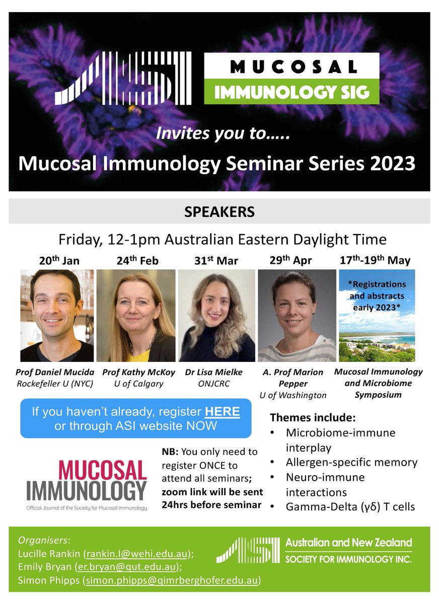 We're super excited to announce the lineup of the 2023 <a href="/ASImmunology/">Australian and New Zealand Society for Immunology</a> mucosal Immunology seminar series in LESS THAN TWO WEEKS. First up is <a href="/danmucida/">DM</a> talking about T cell responses to food on Fri, Jan 20th AEDT.

Register here:  immunology.org.au/events/2023-Mu…