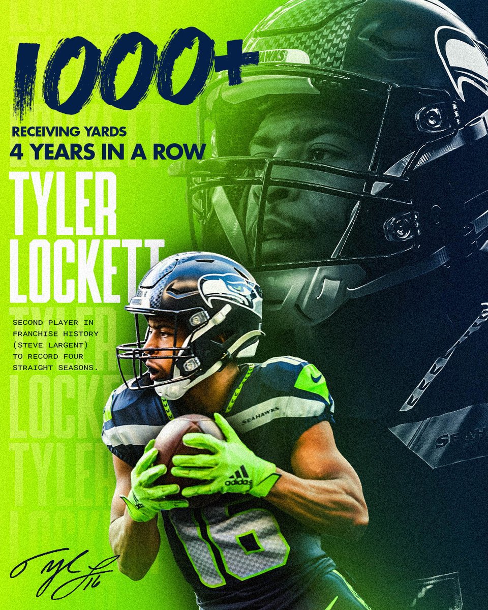 Seahawks's tweet photo. Winning the Largent award 🤝 Joining Largent 

With that touchdown grab @TDLockett12 has surpassed 1000+ yards receiving yards for the 4th straight year! https://t.co/TGVFTc5m3X