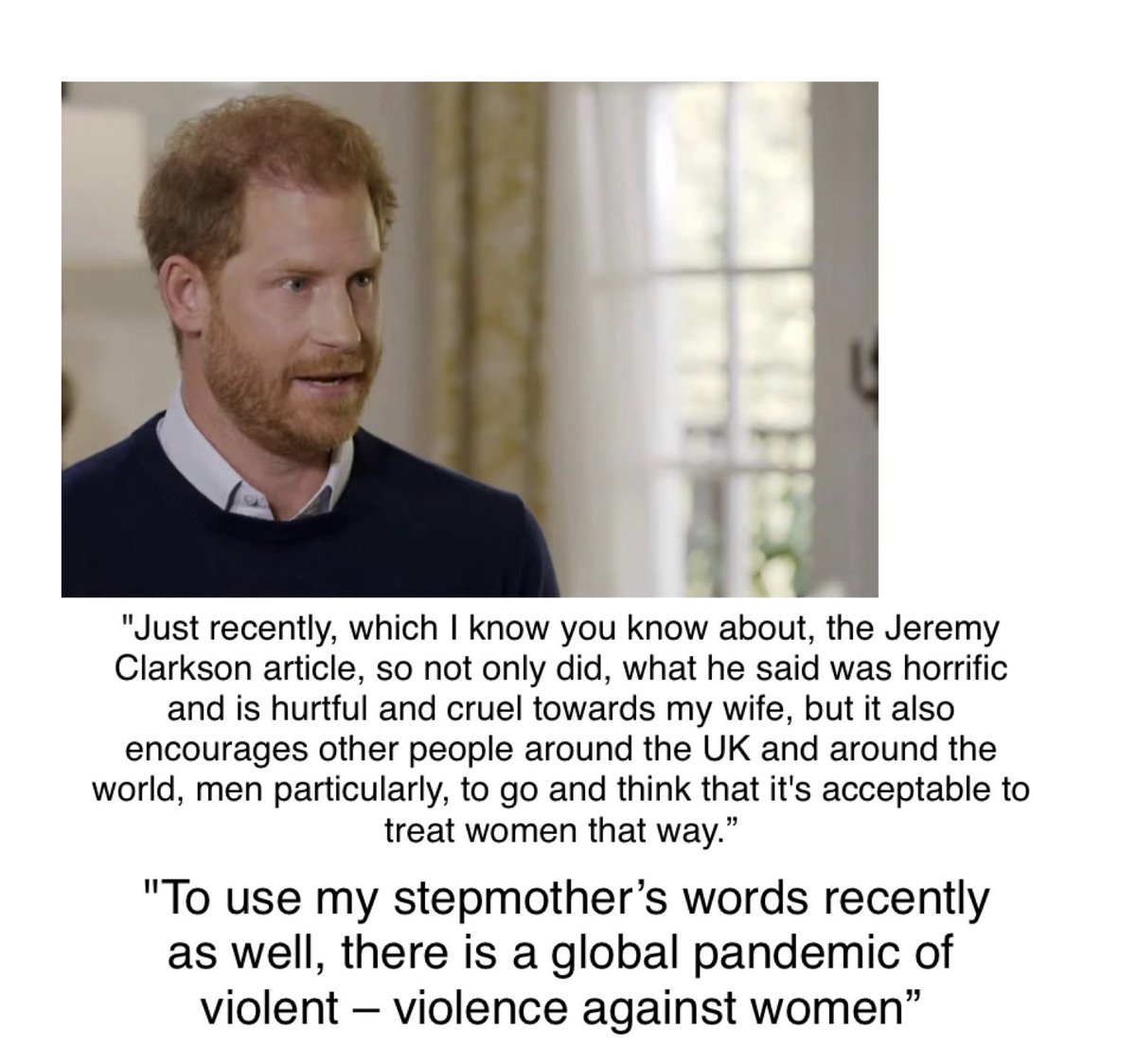DrNighatArif's tweet image. Harry mentioning the Jeremy Clarkson insult against Meghan. 

Harry said Buckingham Palace&apos;s &quot;silence&quot; in response to the column was &quot;deafening&quot;.
#Harryinterview