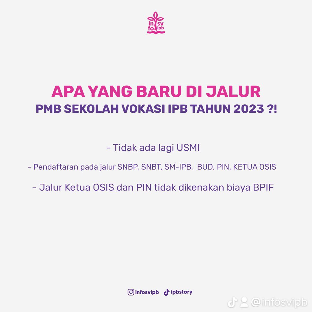 infosvipb's tweet photo. UPGRADE D4 : JALUR USMI DITIADAKAN?
Setelah resmi diupgrade menjadi D4 tentu akan ada perubahan dalam proses seleksi penerimaan mahasiswa baru Sekolah Vokasi IPB.
Apa aja sih yang berubah?
#usmi #usmiipb #ipb #ipbuniversity #svipb #vokasiipb #sekolahvokasiipb https://t.co/yMM7LPSvuu