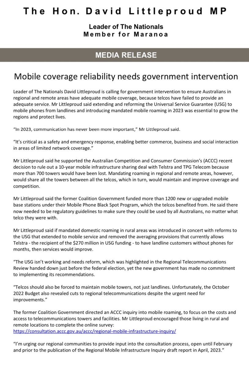 Telcos have failed to provide an adequate service to regional Australians. The Universal Service Guarantee needs to be extended to mobiles &amp; we need mandated domestic mobile roaming in 2023.