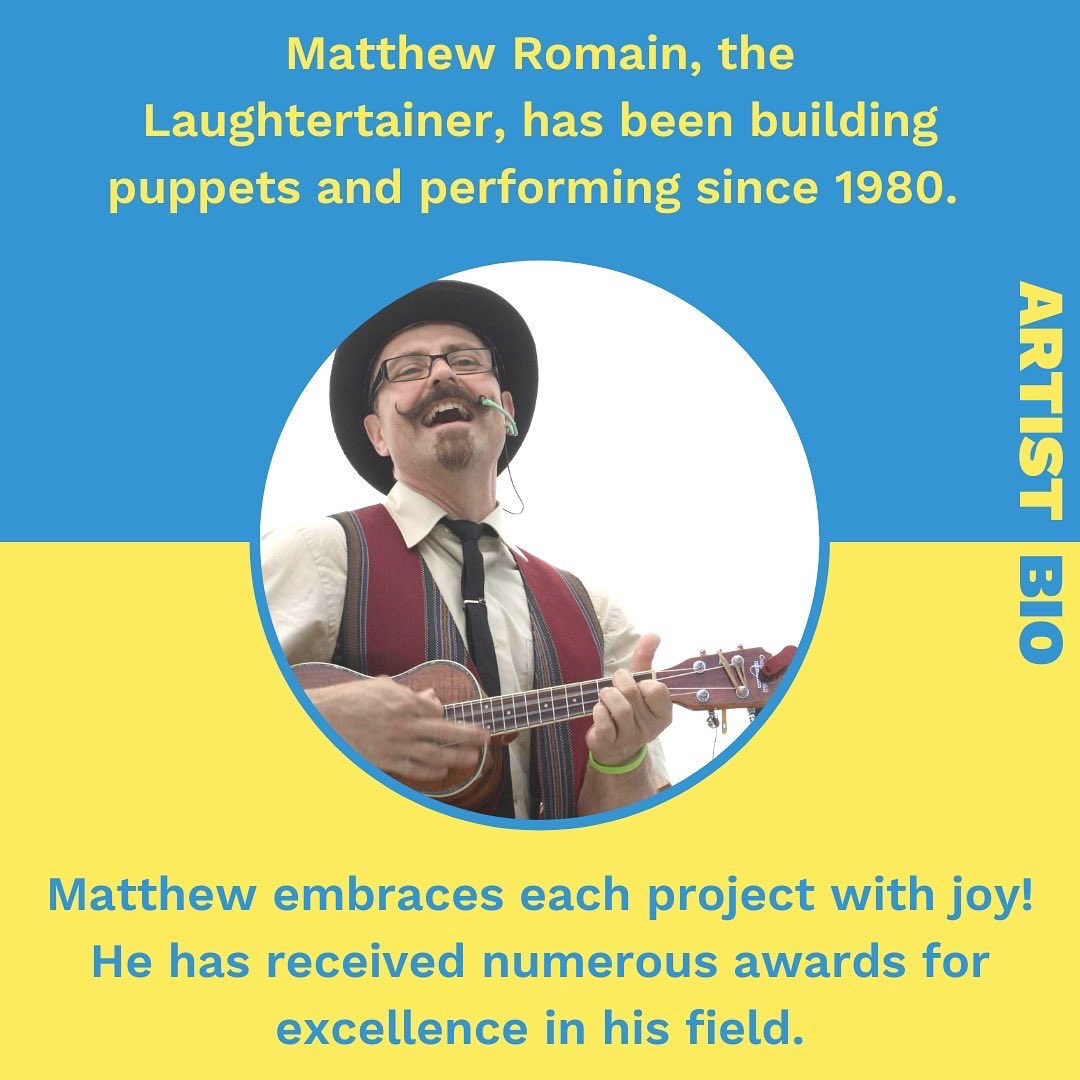 Meet an artist educator who you may have seen bringing joy both in classrooms and out in the world: Matthew Romain!

ACT programs: Arts Can Teach Core, Pathway to Literacy for Kids 🍎
Artistry: Puppetry, Music🎶
Teaching values: Joy, Imagination, Exploration, Laughter✨