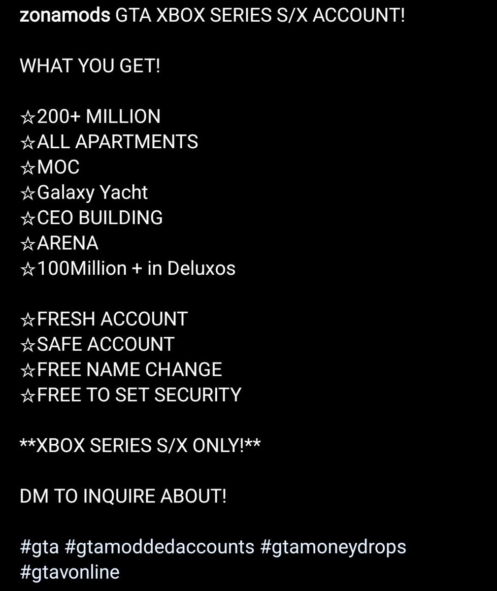 ZonaMods's tweet photo. Account Up for Sale! DM to Inquire! 🌟I can add money to your accs! 🌟Make you personalized NEW accounts! 
🌟Get you any item in game for very cheap! 
🌟Ask me about it! 

#GTAOnline #GTA6 #gtaglitches #richquick #howtomakemoney #makemoneyingtav https://t.co/9Mn4Ed8XPk