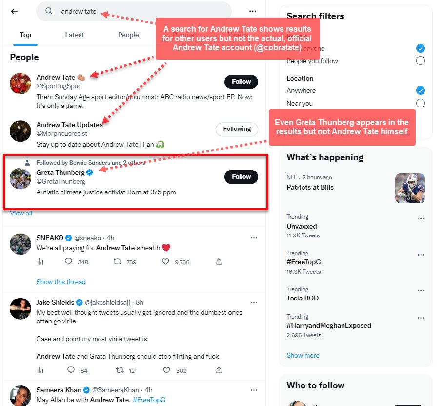 It appears Twitter has shadow banned Andrew Tate, <a href="/cobratate/">Andrew Tate</a>. See below screen shots confirming search results for Andrew Tate or <a href="/cobratate/">Andrew Tate</a> shows  <a href="/GretaThunberg/">Greta Thunberg</a> as one of the results but not Andrew Tate himself! Please investigate <a href="/elonmusk/">Elon Musk</a>.