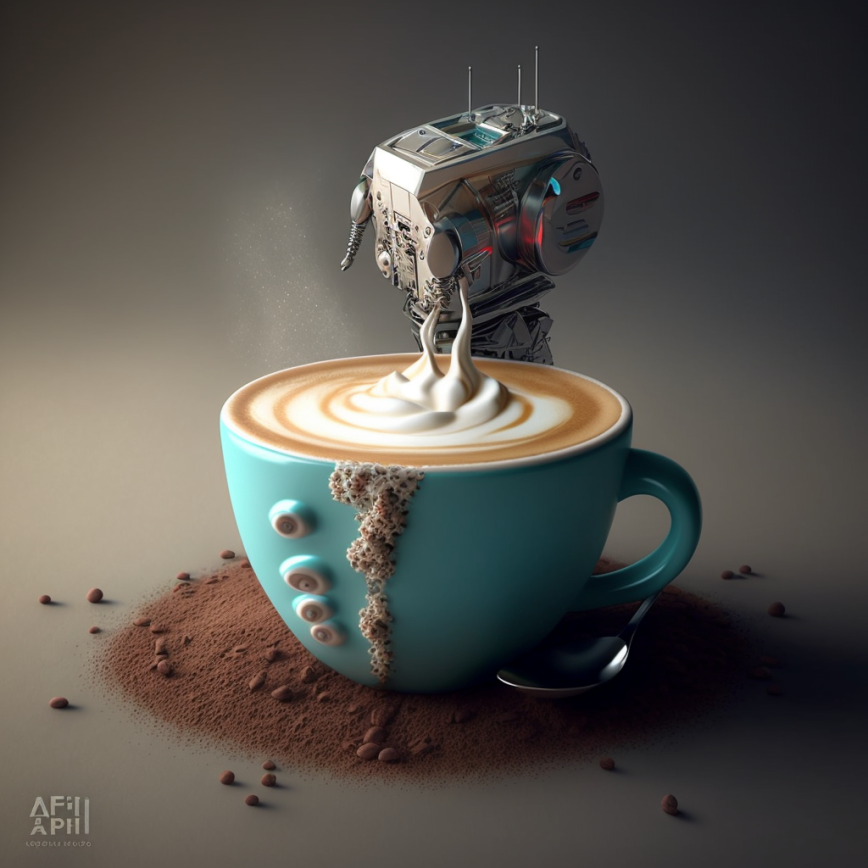 So, the coffee shop musical is a musical narrated by Artificial Intelligence, like AI Attenboroughs. They find this old footage of a long-gone specie called humans in a coffee shop.

For fun, here's some AI-generated robotic coffee #midjourney.

Tickets: eventbrite.co.uk/e/the-coffee-s…