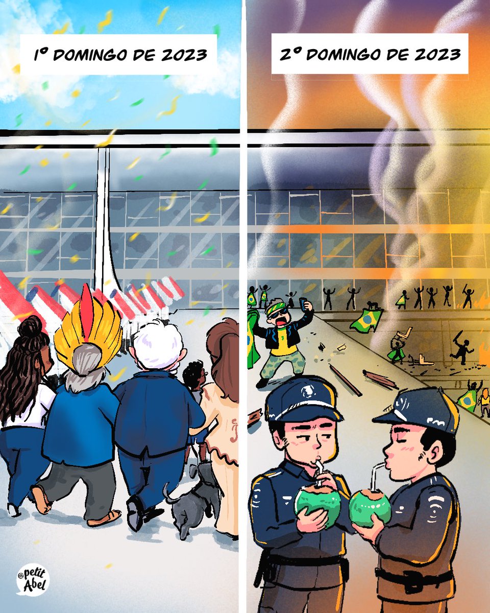 petitabell's tweet image. As atitudes golpistas do dia de hoje, além envergonharem a História do país e depredarem o patrimônio público de Brasília, mostram o paradoxo político que é o Brasil, dividido entre uma extrema-direita golpista e um governo democraticamente eleito.