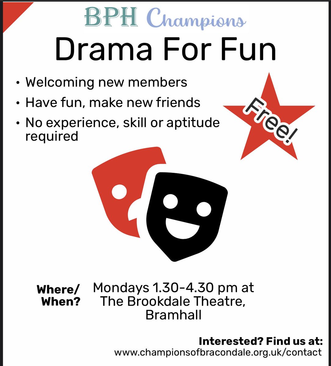 BracondaleChamp's tweet photo. New start to the new year. Come along and join us at brookdale theatre for the Bracondale Champions ‘drama for fun’ group tomorrow afternoon. Newbies always welcome with no pressure but the emphasis is on ‘fun’. https://t.co/Lhbm9AJRXu