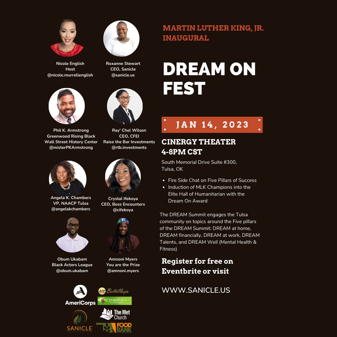 sanicle_us's tweet photo. Attend a movie screening of Selma + a local leaders fireside chat on the 5 Pillars of Success + Induction ceremony for MLK Champions Elite Hall of Humanitarian showcasing those supporting the Tulsa community. RSVP for Free: https://t.co/KIiNAb05II #mlkday #dreamonfest #sanicleus https://t.co/WIn1EA6oes