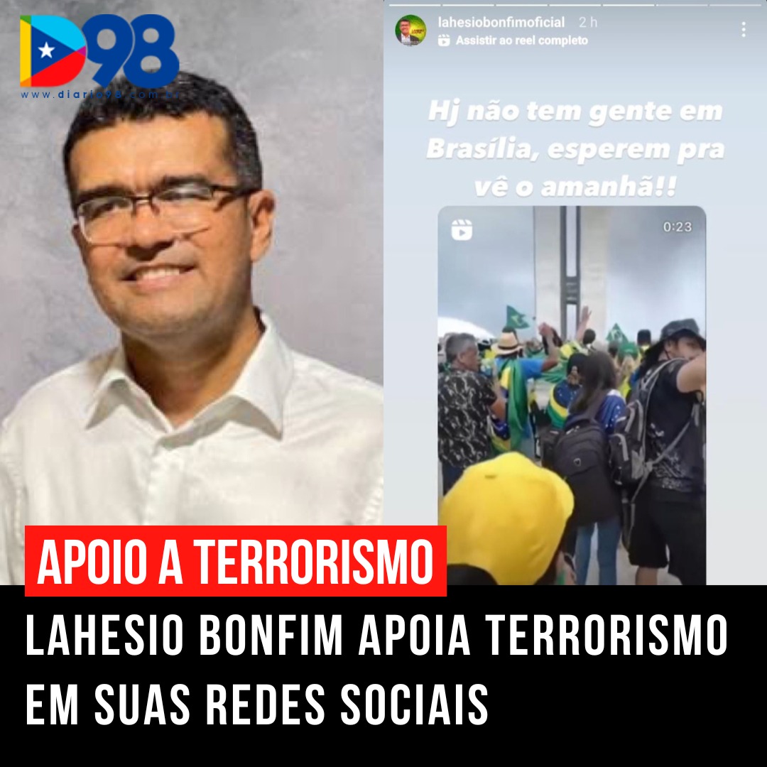 🔴 O ex-prefeito de São Pedro dos Crentes, Lahesio Bonfim, divulgou em suas redes sociais diversas mensagens de apoio a terroristas bolsonaristas que invadiram os prédios do Congresso Nacional, Palácio do Planalto e Supremo Tribunal Federal (STF).

diario98.com.br/2023/01/08/lah…