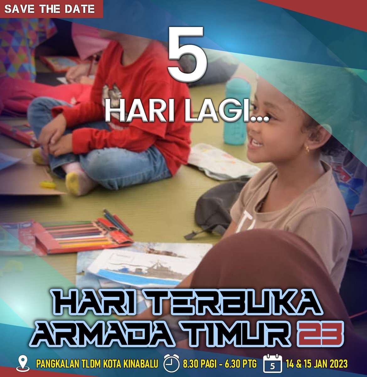 MPA_Timur's tweet photo. Sabtu ini!

Nda sabar sudah mau jumpa kamurang. 5 hari lagi gais. Datang beramai-ramai di Pangkalan TLDM Sepanggar sini, dapatla kamurang tinguk kapal, helikopter baru TLDM. Mau kupi-kupi di kapal pun buli ba, ada restoran terapung!

Jumpa hari tujuh okay!

#NavyUpdate
#HTAT23 https://t.co/KbLeTDQNJl
