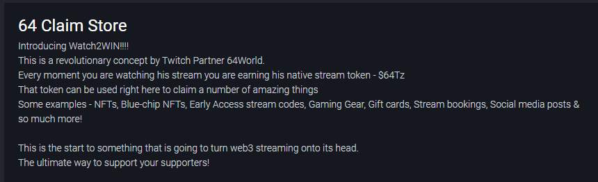 i64StudioNFTs's tweet photo. I am the ONLY stream on twitch w/ a native stream token ๐ฅ
We are approaching opening of the #64ClaimStore
Mass adoption for #Watch2Win is coming
Claim store will open w/ 100 items
DM to get involved!
This will takeover 2023
Quick S/O to the top 10 $64Tz holders (Out of 1246) โฌ https://t.co/ZogGgHpRyc