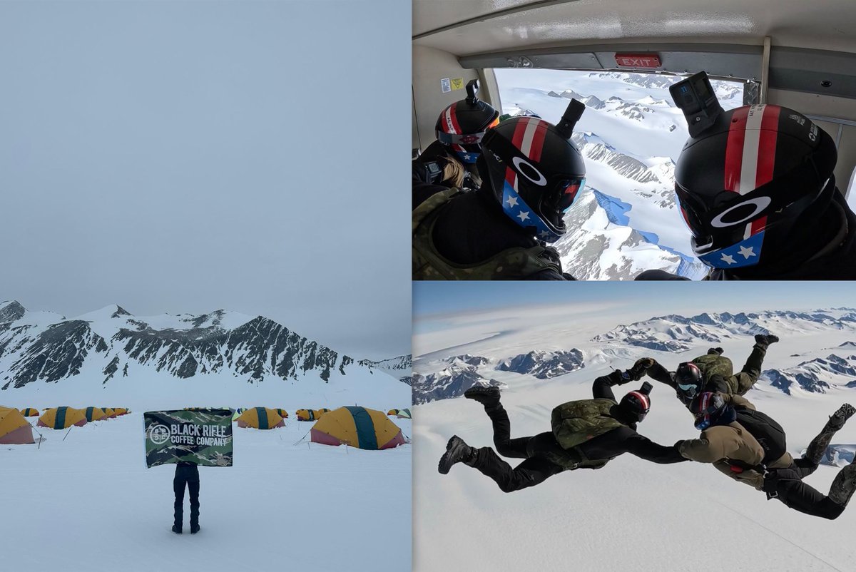 blckriflecoffee's tweet photo. 7 continents, 7 skydives, 7 days ... all to raise $7M for @FoldsofHonor. Right now, the crew is battling weather in Antarctica. Stay updated on @coffeeordie1754. https://t.co/O3vqNFuDU4