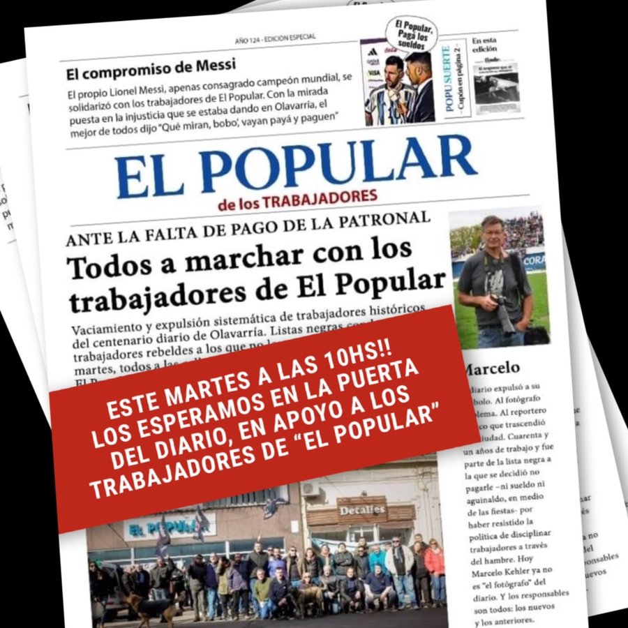 APOperiodistas's tweet photo. 📢Acompañamos la medida de trabajadoras y trabajadores de El Popular: 
📌Convocamos el martes a las 10 hs a la movilización que se concentrará frente a la puerta del diario (Vicente López al 2600) en la previa a una nueva audiencia en el Ministerio de Trabajo. https://t.co/ICt2J5iafe