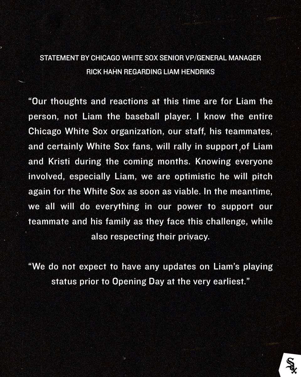 whitesox's tweet photo. Statement by Chicago White Sox Senior Vice President/General Manager Rick Hahn regarding Liam Hendriks: https://t.co/dHlN5LTcVr