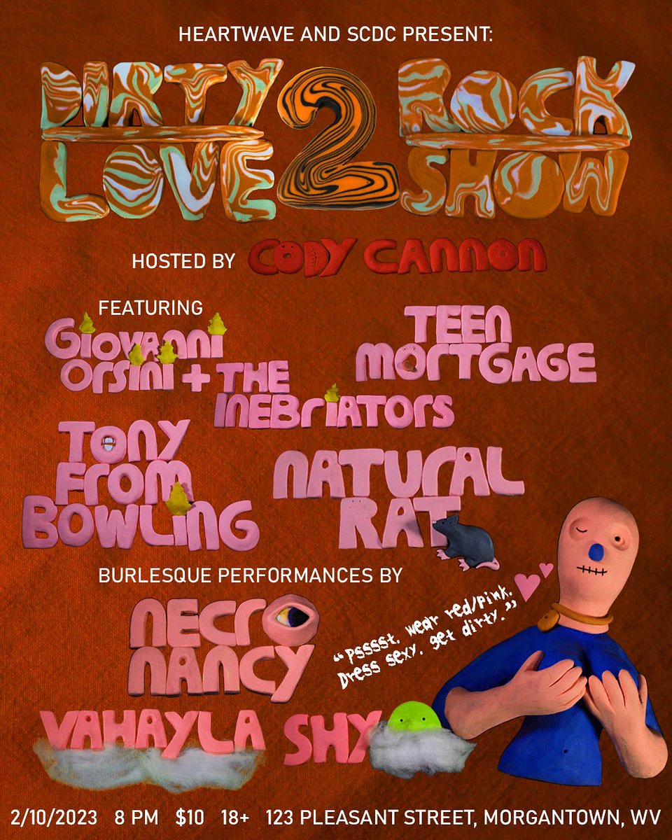PRESENTING: The Second Dirty Love Rock Show, February 10, featuring Giovanni Orsini, <a href="/teen_mortgage/">Teen Mortgage</a>, <a href="/tonyfrombowling/">TONY</a>, and <a href="/NaturalRat/">Natural Rat</a>. Hosted by Cody Cannon. Get to <a href="/123pleasant/">123 Pleasant Street</a> for a wild time #SupportLocalMusicPGH