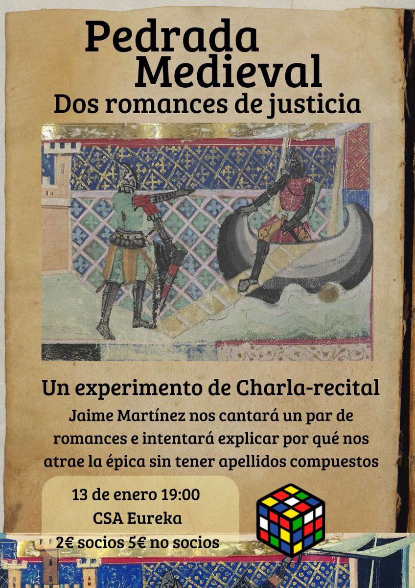 eurekasantander's tweet photo. Vie 13 /Vie 27
"Pedrada Medieval",charla/recital en torno a dos romances medievales o de inspiración medieval hilados por un tema distinto. Se comprondrá de dos sesiones cuyos títulos seran:
-«Pedrada medieval: dos romances de justicia»
-«Pedrada medieval: pesares que tú vieres… https://t.co/stCE4DoH0W