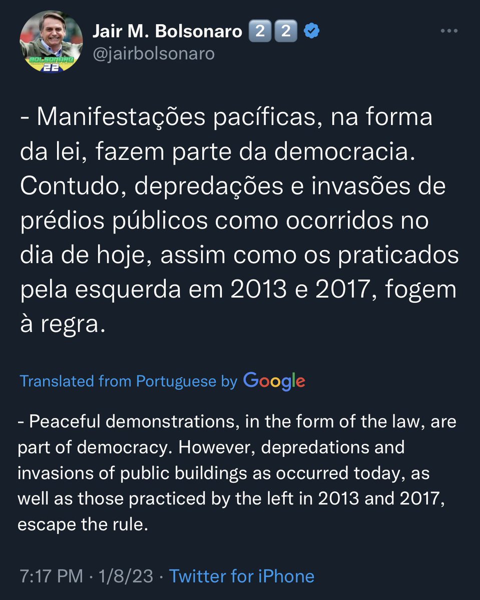 RonFilipkowski's tweet photo. Just like Trump, Bolsonaro now issues a statement only after the insurrection has been suppressed. Same playbook. https://t.co/1PWeyRg3Hw