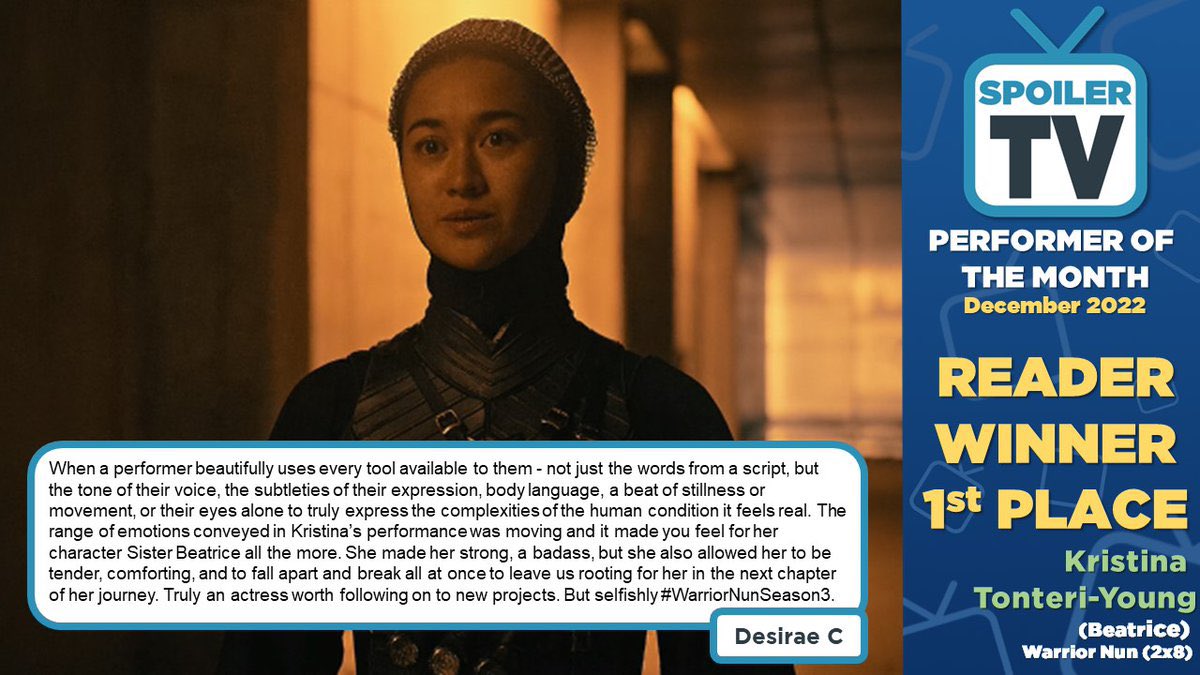 WarriorNunPromo's tweet photo. Congratulations to @TonteriYoung for bagging a double win for @SpoilerTV’s Performer of the Month!

You deserve it! We can’t wait to see your future endeavors!

And as always, #SaveWarriorNun https://t.co/BcxgyCOZnF