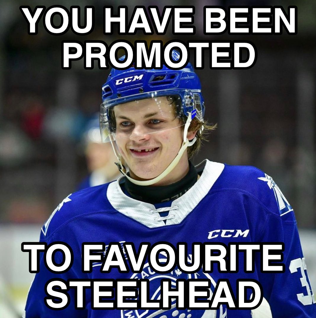 In light of the recent trade between the Mississauga Steelheads and the Sarnia Sting involving Steelheads D Ethan Del Mastro, YOU 🫵🏼,Charlie Callaghan, have been promoted to user ilyasamsHOEnovs favourite steelhead. Congrats Charlie! #MadeOfSteel