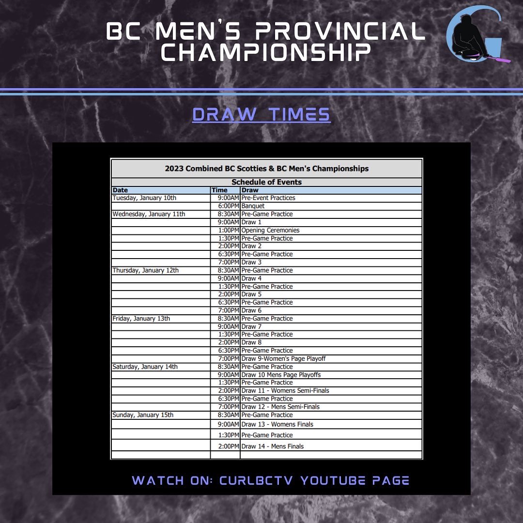 We are back in the action in Chilliwack, BC this week for men’s provincials!

See photos for the starting bracket as well as the draw times throughout the week. Follow along online at the link below or watch us on CurlBCTV YouTube page!

Stay tuned!

curlbc.ca/scoring-links/…