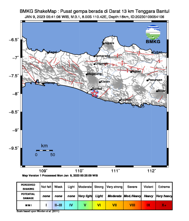 infoBMKG's tweet photo. #Gempa (UPDATE) Mag:3.1, 09-Jan-23 05:41:06 WIB, Lok:8.00 LS, 110.42 BT (Pusat gempa berada di Darat 13 km Tenggara Bantul), Kedlmn:18 Km Dirasakan (MMI) II Bantul #BMKG https://t.co/yYjgLk2v43