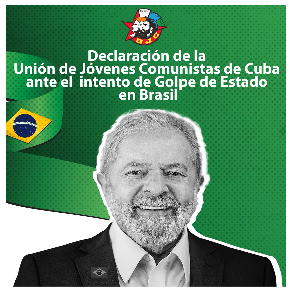 ¡Expresamos todo nuestro respaldo y solidaridad al presidente electo <a href="/LulaOficial/">Lula</a> y a su Gobierno! La voz de la juventud cubana se levantará permanentemente en favor de la justicia y la verdad.
#NoAlGolpeDeEstadoEnBrasil

📌📌📌
ujc.cu/noticias/3801