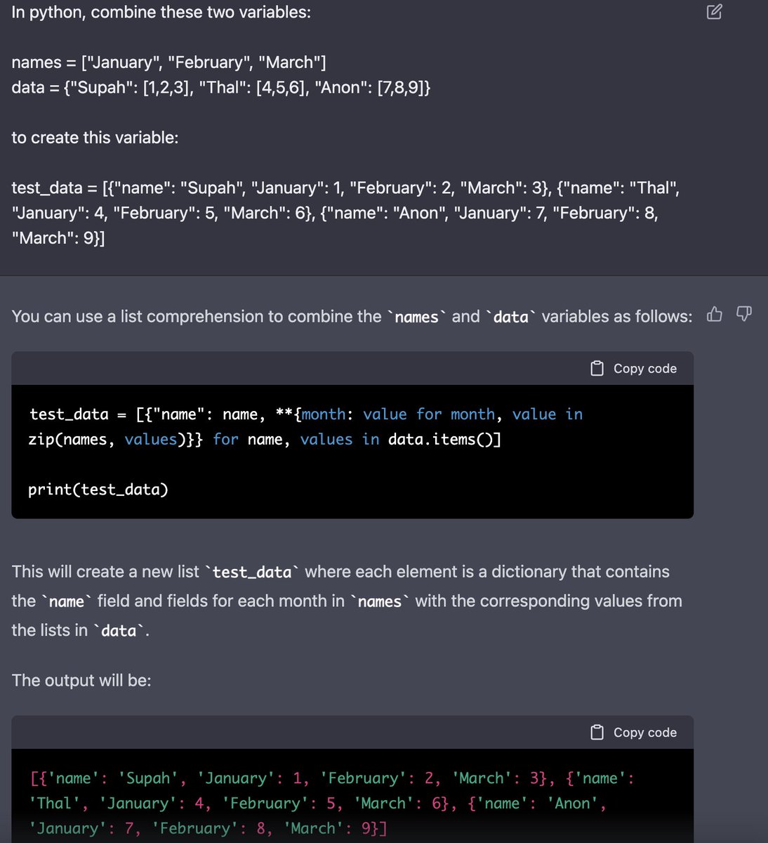 Might be echoing in an echo chamber, but #ChatGPT  is awesome for learning simpler algorithms for data cleaning! Was doing nested for loops before I asked ChatGPT for a simpler algorithm.

It is starting to replace googling for me. Special shout out to @nearsupah for dummy data