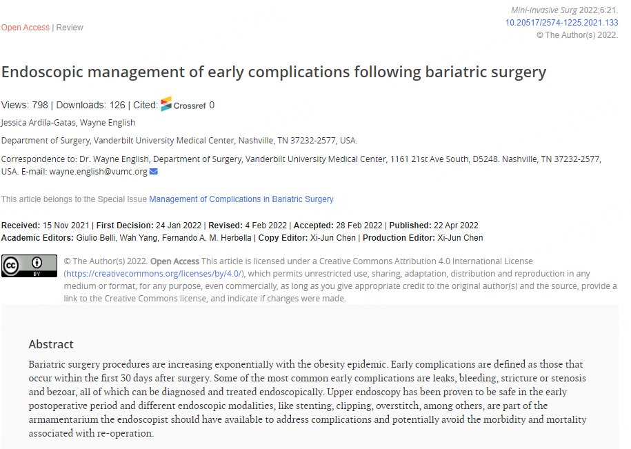 🥰Hot article: Endoscopic management of early complications following bariatric surgery 💥Link: misjournal.net/article/view/4… @ASMBS @kmahawar @Ali_Aminian_MD