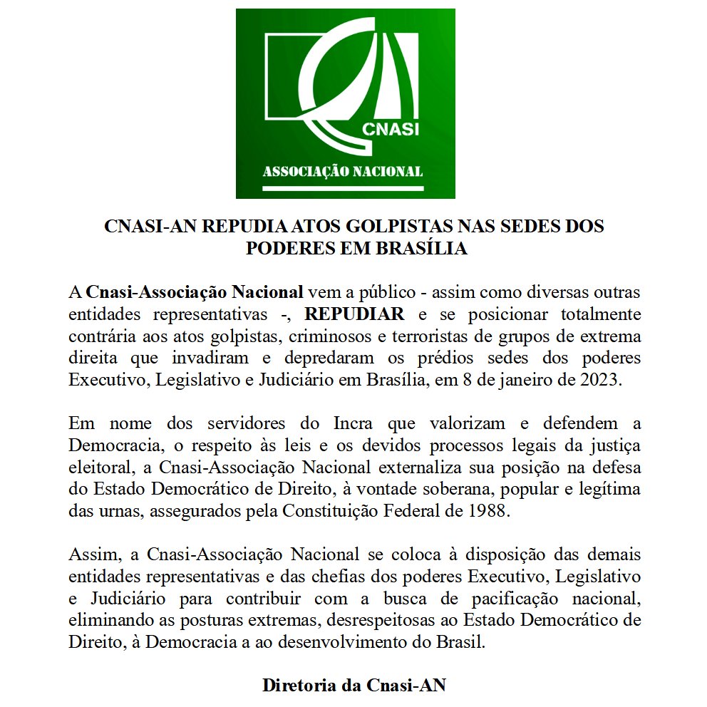 CNASI_AN's tweet photo. CNASI-AN REPUDIA ATOS GOLPISTAS NAS SEDES DOS  PODERES EM BRASÍLIA https://t.co/cVpBBbDu3L