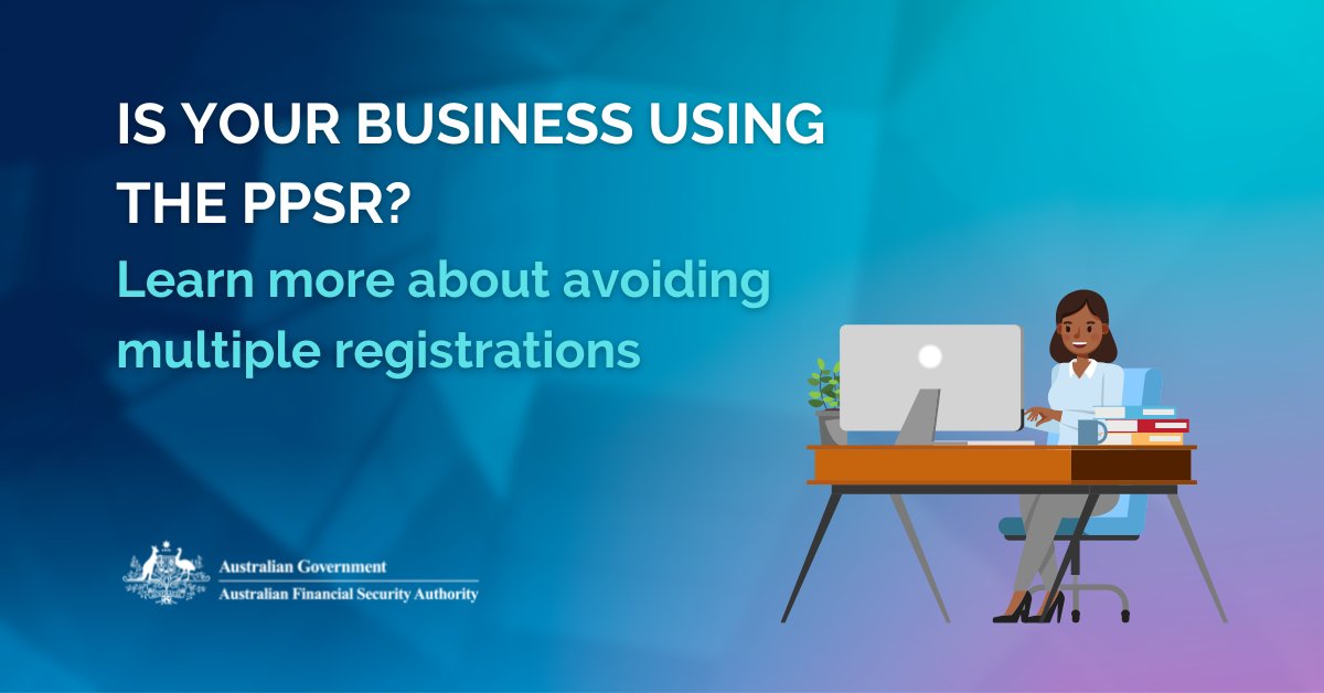 AFSA_gov_au's tweet photo. If you regularly make registrations on the #PPSR, it is important to understand when it is appropriate to make more than one registration for a single transaction. Download our Responsible PPSR Registration Management flyer here: https://t.co/LKxkf5DcZO https://t.co/j90TLwb1Qy