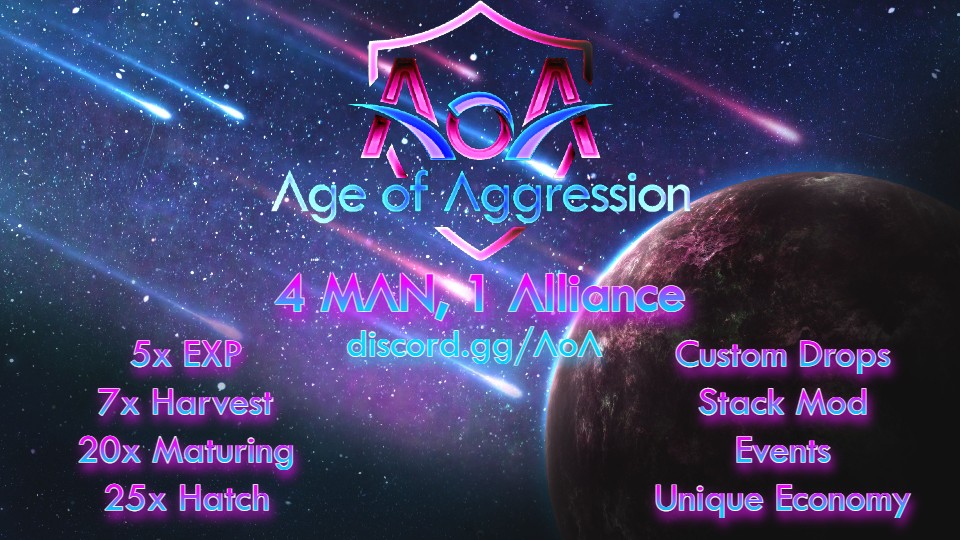 AoA_Suvival's tweet photo. "AoA" Age of Aggression -  ARK: SURVIVAL EVOLVED - NEVER WIPE 4 MAN, One Alliance Cluster on Windows 10 and Xbox (Pc Unofficial) A 16 Map, 1 Year Old Cluster - Close to Official rates. #Ark #4man #Dedicated #Ark2 #pvp #Arkservers #Xbox #Win10 #boosted https://t.co/L5coFw1BXt https://t.co/RtcCZEy8DK