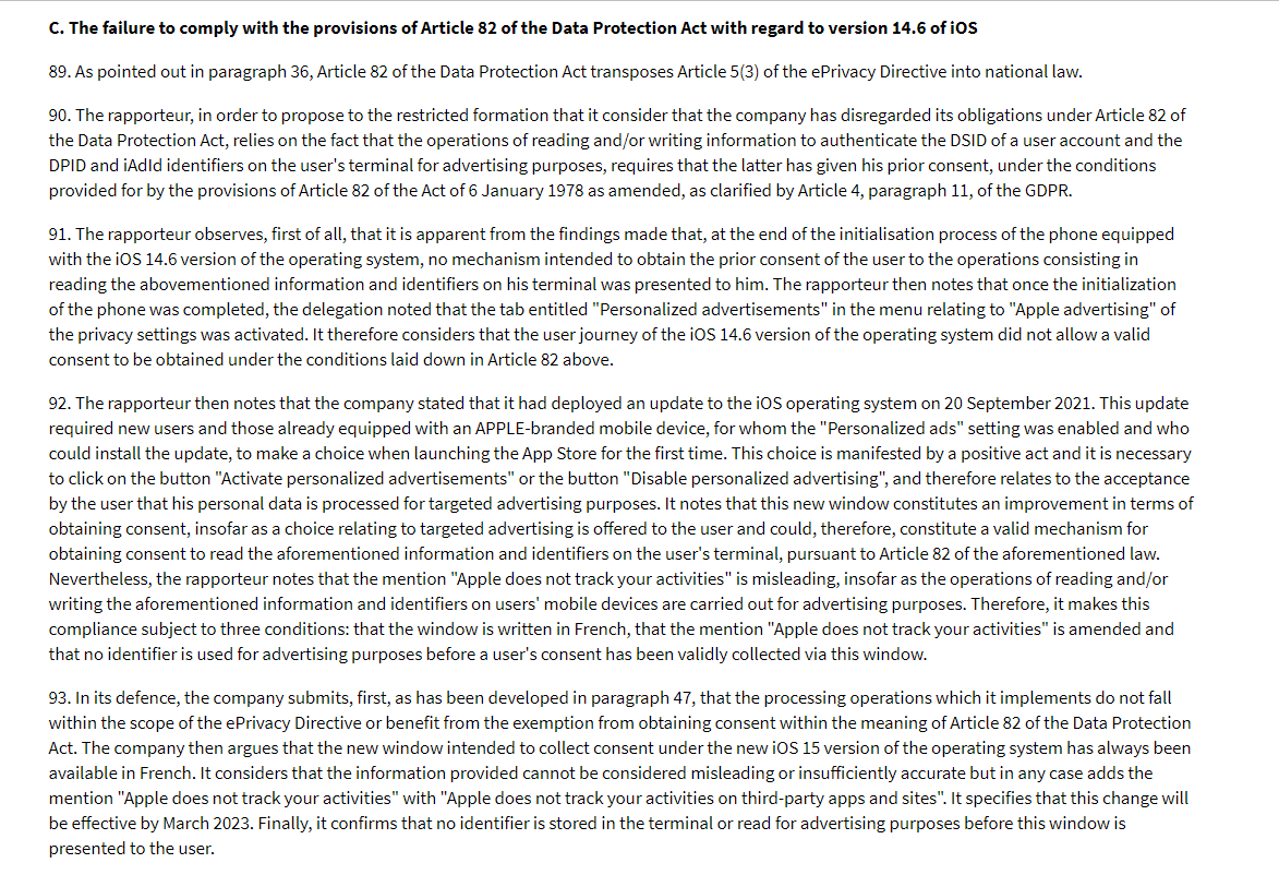 CNIL vs. Apple: e-Privacy, data subject's consent, advertising purposes, and privacy by design. End.