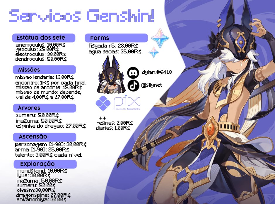 CYN0GRR's tweet photo. reajustei os preços e adicionei mais coisa. pra você que é novo: estou precisando de dinheiro pois estou desempregado, sou ar60 em genshin e sei sobre o que estou fazendo. 

uma ajuda dando rt por favor? (caso não goste de contas de serviços, não use o tweet para comentar isso. https://t.co/AjGCdJHP7T