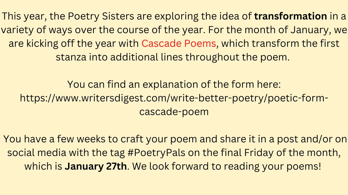 For all our #poetrypals and #PoetryFriday friends ...
@kellyfineman @SaraLewisHolmes @tanita_s_davis @LGartonScanlon @LauraPSalas @AndiSibley

Learn about Cascade Poems here: writersdigest.com/write-better-p…