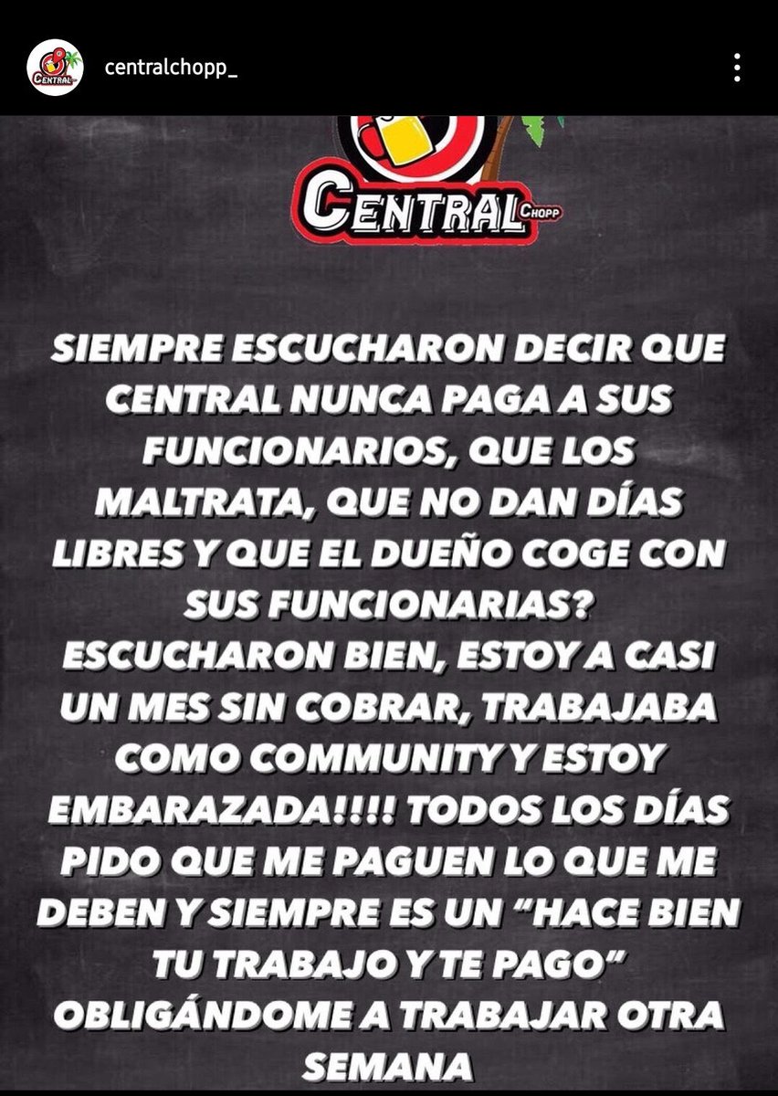 tendenciaporque's tweet photo. “Central Chopp”:

Por el supuesto descargo de la CM de la cuenta de Instagram del bar Central Chopp, asegurando que en dicho lugar los empleados no cobran en fecha, son maltratados y que hasta son acosados sexualmente. También aseguró que en el bar venden drogas libremente. https://t.co/OXZOAG6olS