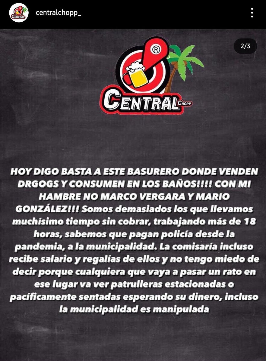 tendenciaporque's tweet photo. “Central Chopp”:

Por el supuesto descargo de la CM de la cuenta de Instagram del bar Central Chopp, asegurando que en dicho lugar los empleados no cobran en fecha, son maltratados y que hasta son acosados sexualmente. También aseguró que en el bar venden drogas libremente. https://t.co/OXZOAG6olS