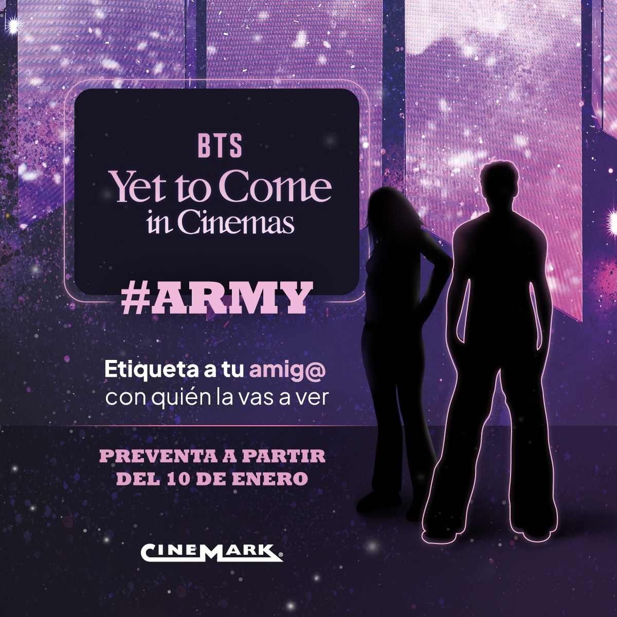 CinemarkCol's tweet photo. Alerta #ARMY, etiqueta ya con quién quieres ir a ver #YetToComeInCinemas 😱, recuerda que la preventa se abre este martes 10 de enero en #Cinemark 🎬, más información en https://t.co/yYPTmBuZwo 🍿💜💜💜 https://t.co/0KmkzkpBaS