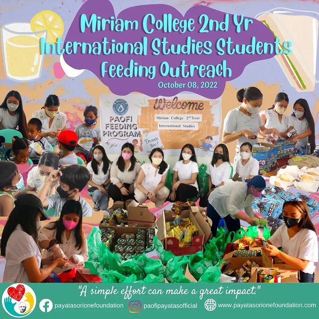 PAOFIPayatas's tweet photo. Thank you very much Miriam College 2nd Year International Studies Students Feeding Outreach for 35 children of PAOFI Feeding Program on October 8, 2022.
Please watch here: https://t.co/sI6lM4pmoE
https://t.co/cRoYjtdcSO
#PAOFI
#PAOFIFeeding
#MiriamCollege
#PeopleOfCharity https://t.co/iMPBel0UtY