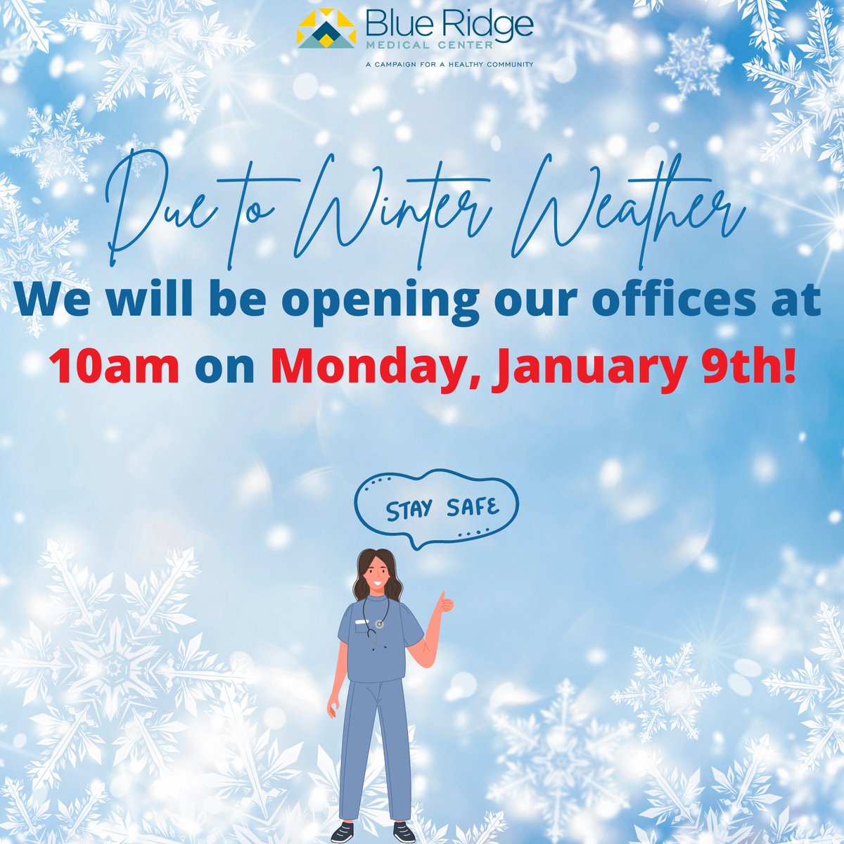 BRMedicalCenter's tweet photo. 🚨DELAYED OPENING🚨

To all of our wonderful patients and staff:

We will be delaying our opening tomorrow to 10am due to the forecasted weather. Stay safe out there and we'll see y'all tomorrow starting at 10am! https://t.co/ej0Sz9iwh5