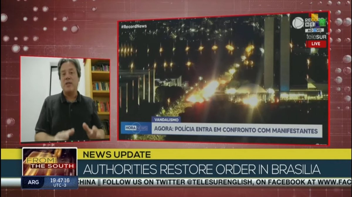 BrianMteleSUR's tweet photo. I gave a 5 minute interview on @telesurenglish tonight about how today's neofascist coup attempt developed, how it was quashed and how Lula has come out of it even stronger. I will link to it below. https://t.co/qeZVBKVGJy