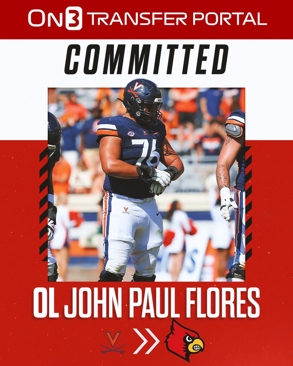 On3sports's tweet image. 🚨NEW🚨 Virginia transfer OL John Paul Flores has announced his commitment to Louisville. 

More: on3.com/transfer-porta…