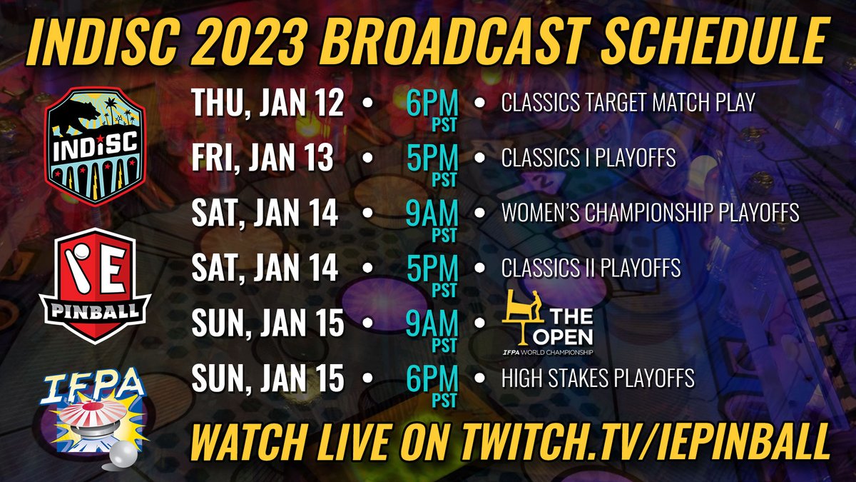 Don't miss INDISC 2023 streaming THIS WEEK beginning Thursday, January 12 at 6pm Pacific. Over 30 hours of pinball action coming your way LIVE on twitch.tv/iepinball!

#pinball #indisc #ifpa #theopen #tournament #twitch